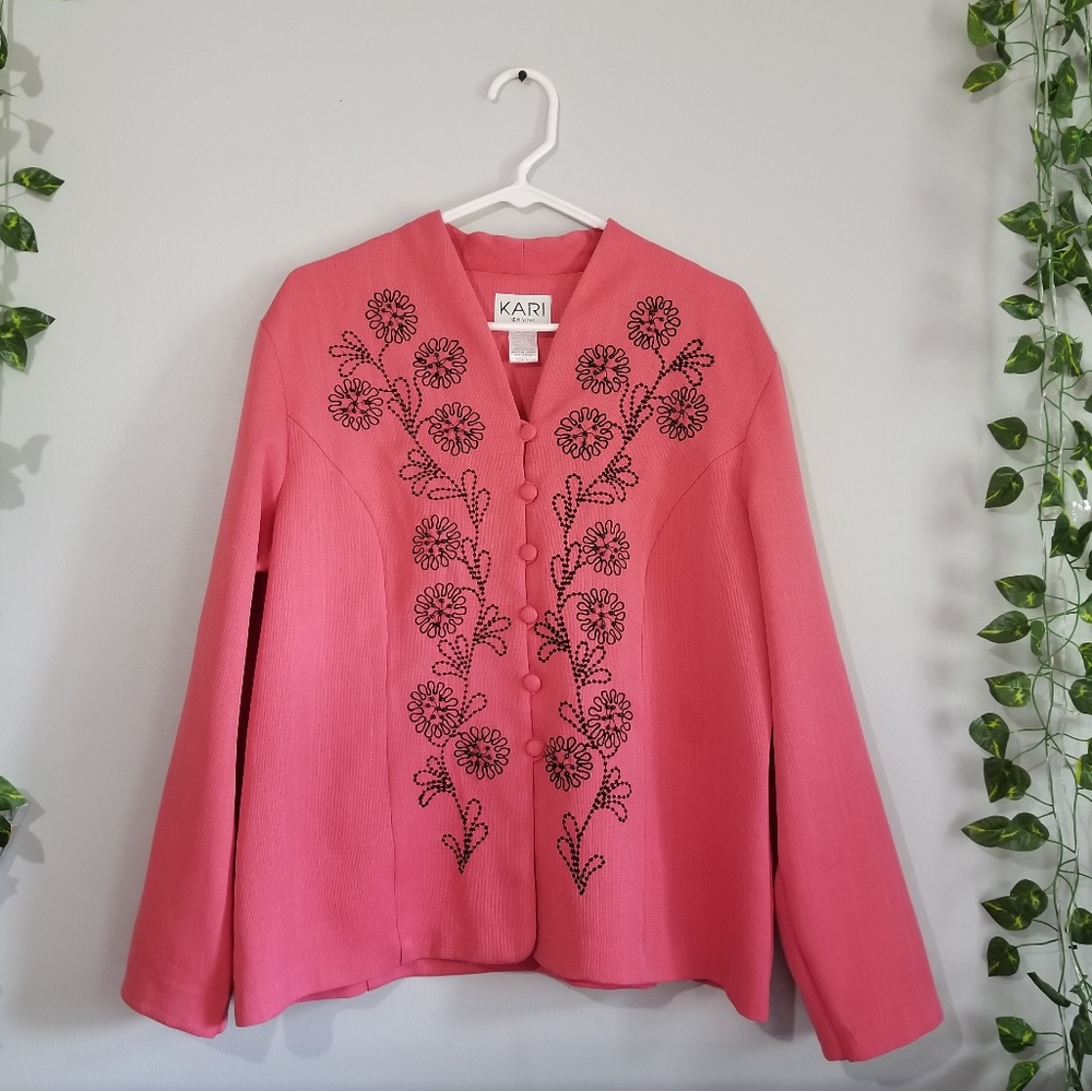 Vintage Kari Coral Pink Black Floral Embroidered Sweater Sz 16 Top Over Coat